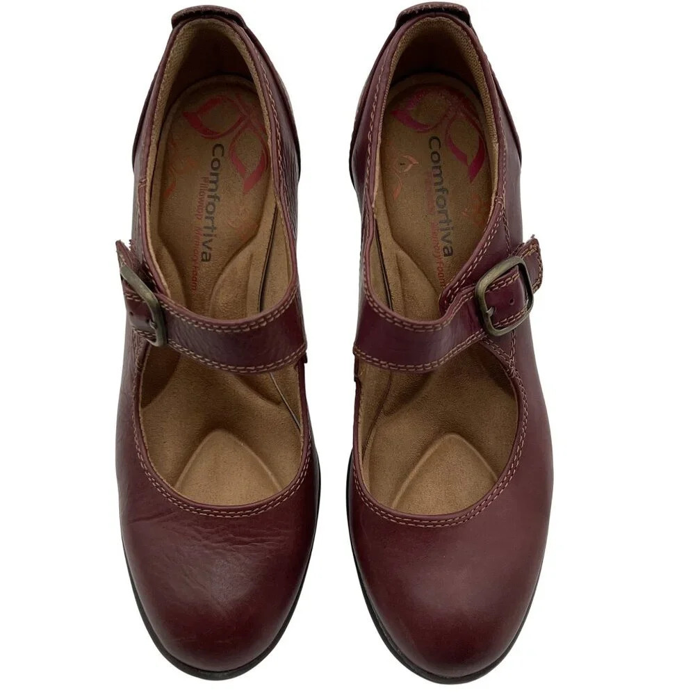 Comfortiva Womens 8.5M Burgundy Leather Mary Jane Shoes Pillowtop Memory Foam - Picture 3 of 15